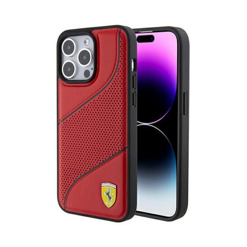 Ferrari perforirani metalni logotip s valovima - maska ​​za iPhone 15 Pro (crvena)