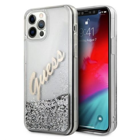 Guess Glitter Vintage Script - maska ​​za iPhone 12 Pro Max (srebrna)