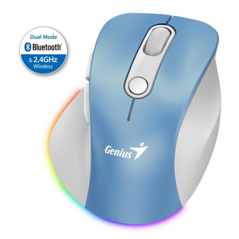 GENIUS Ergo 9000S Pro Light Blue/ dual Bluetooth + 2.4GHz/ 2400 dpi/ bežično/ 6 tipki/ punjivo/ RGB/ plavo-bijelo