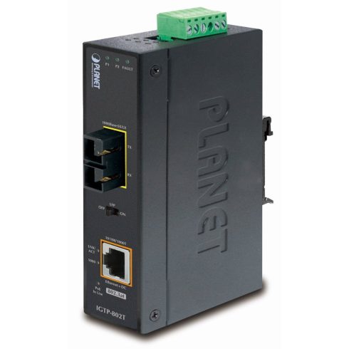 Planet IGTP-802T RJ45/SC pretvarač, 1Gbps, PoE injektor 802.3at, -40 do 75 °C, IP30, ESD 12-48 V DC