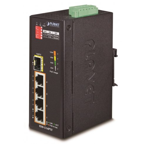 Planet ISW-514PTF, PoE switch 4x 10/100BaseTX+ 1x 100FX(SFP), 802.3at do 120W, DIN, IP40, -40~75°C, 12-48VDC