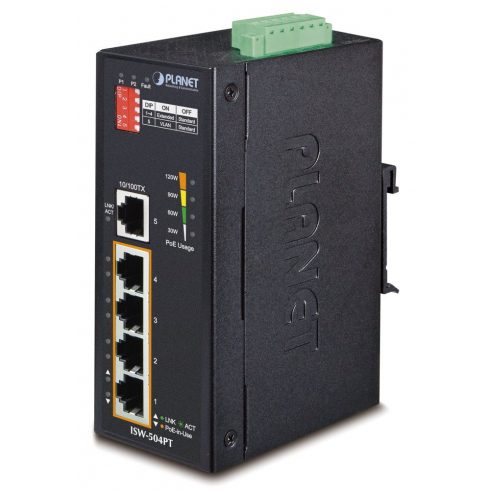 Planet ISW-504PT Průmyslový Switch 5x RJ-45, VLAN + Extend, -40~+75°C, PoE+ 802.3af/at 120W, 12-48VDC napajanje