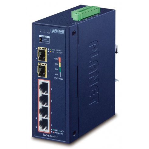 Planet IGS-624HPT Průmyslový Switch 4x 1Gb RJ-45 + 2x 1Gb SFP, PoE+ 802.3at 36/120W, IP40, DC12-56V, -40/+75°C, bez ventilatora