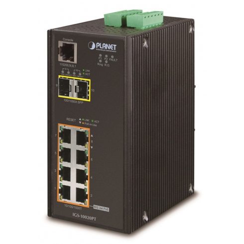 Planet IGS-10020PT průmyslový L3 switch, 8x1Gb, 2x2.5Gb SFP, 8x PoE 802.3at 240W, 48-54VDC, -40~75°C, IP30