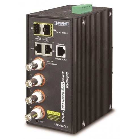 Planet LRP-422CST, industrijski COAX PoE prekidač, 4x 100Base-TX, 2x SFP/TP, IEEE802.3at, Web/SNMPv3, -40~75°C, IP30