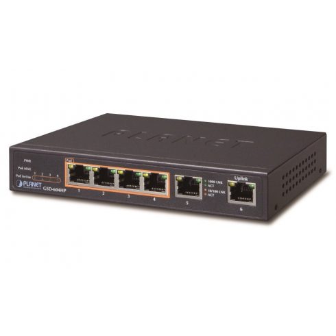 Planet GSD-604HP PoE preklopnik 1Gbps, 6xTP, 4xPoE 802.3at/af 30W/55W, bez ventilatora