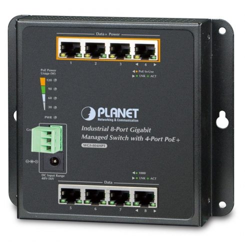 Planet WGS-804HPT ravni L2 prekidač, 8x1Gb, 4x PoE 802.3at 144W, 48-54VDC, -40~75°C, IP30, bez ventilatora