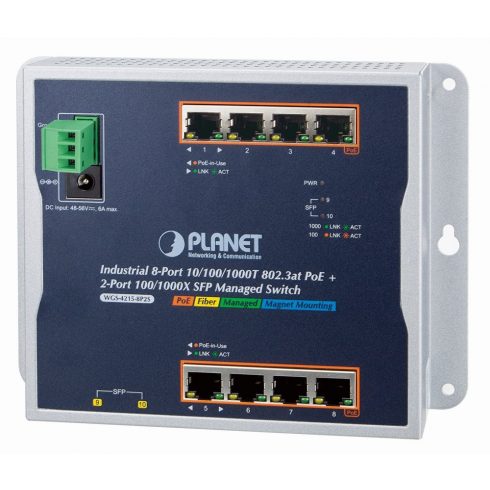 Planet WGS-4215-8P2S pločasti L2/L4 prekidač, 8x1Gb, 2x1Gb SFP, 8x PoE 802.3at 200W, 48-56VDC, -40~75°C, IP30, bez ventilatora