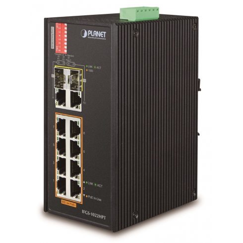 Planet IFGS-1022HPT průmyslový PoE switch, 8x100Mb + 2x1Gb/SFP, PoE 802.3at 30/240W, -40až75°C, dual 48-54VDC, IP30