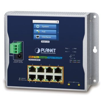   Planet WGS-5225-8P2SV plochý L3 switch, 8x1Gb, 2x2.5Gb SFP, PoE 30/240W, 48-56VDC, -20~70°C, IP30, bez ventilatora, touch LCD