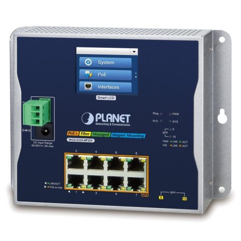 Planet WGS-5225-8P2SV plochý L3 switch, 8x1Gb, 2x2.5Gb SFP, PoE 30/240W, 48-56VDC, -20~70°C, IP30, bez ventilatora, touch LCD