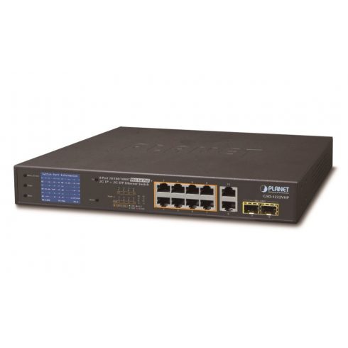 Planet GSD-1222VHP PoE preklopnik, 8x PoE + 2x 1000Base-T + 2x SFP, LCD,VLAN, proširi mod 10Mb do 250m, IEEE 802.3at 120W