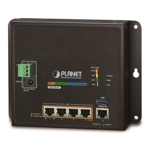 Planet WGR-500-4P, průmyslový PoE router, 1xWAN 1Gbps, 4xLan 1Gbps, PoE 802.3at do 120W, DIN, dual 48-56VDC, -10 do 60°C