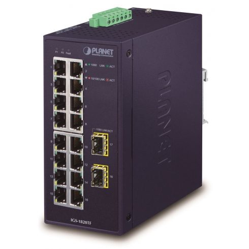 Planet IGS-1820TF Průmyslový Switch 16x1Gb, 2xSFP, dual 12-48VDC/24VAC, -40~+75°C, bez ventilatora