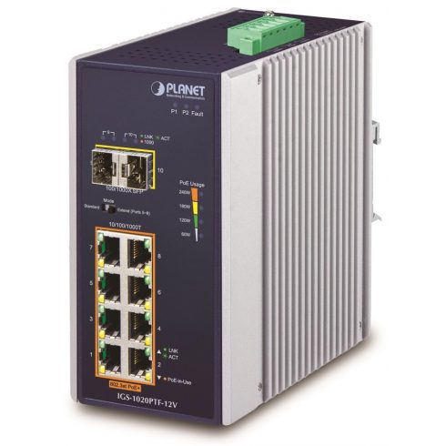 Planet IGS-1020PTF-12V Průmyslový L2 PoE switch, 8x1Gb + 2xSFP, 802.3at 30/240W, IP30, -40~+75°C, 12-56VDC