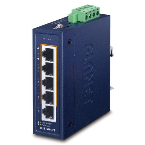 Planet IGS-504PT Průmyslový PoE switch, 5x1Gb, 4x PoE 802.3 na 120W, -40až75°C, dual 48-54VDC, IP30, bez ventilatora