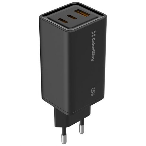 COLORWAY 1x USB i 2x USB-C/ turbo mrežni punjač/ 65W/ 100V-240V/ crni