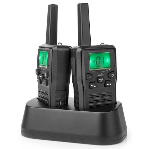 NEDIS radio/ domet 10 km/ 8 kanala/ UHF/ VOX/ LED svjetlo/ baza za punjenje/ micro USB/ 2 komada/ crni