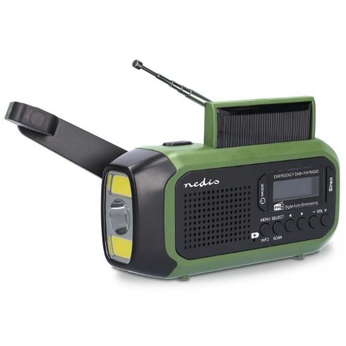 NEDIS prijenosni radio za hitne slučajeve/ na baterije/ s USB-a/ solarni panel/ DAB+ / FM/ budilica/ svijetlo/ crno-zeleno