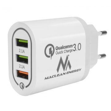   Maclean mrežni punjač, Qualcomm Quick Charge, QC 3.0 - 3.6-6V/3A, 6-9V/2A, 9-12V/1.5A, 2 utičnice 5V/2.1A, bijeli, MCE479 W