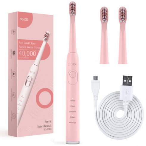 SEAGO sonična četkica za zube, roza, 700 mAh baterija, 5 modova, 3 vrha, SG-2303 Pink