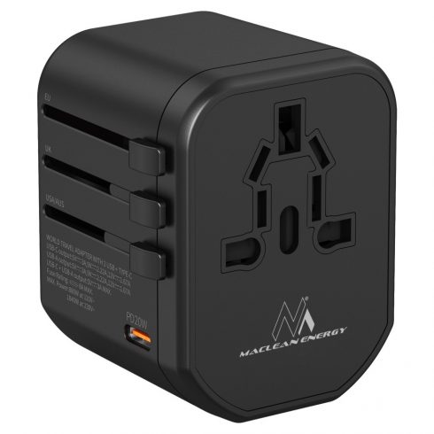 Maclean putni adapter, USB napajanje, 2xUSB 2.4A + USB-C PD 20W, 8A osigurač, brzo i brzo punjenje, 200 zemalja širom svijeta, MCE