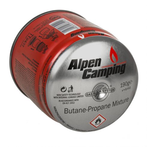 Alpen Camping plinska patrona od 400 ml. Certifikat: Pi 0437, u skladu sa standardom EN417, propan-butan, između -10°C i + 40°C, GAS S sustav