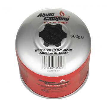   500g Alpen Camping plinska patrona. Certifikat: Pi 0437, prema EN417, propan-butan, između -10°C i + 40°C, navojni ventil 7/