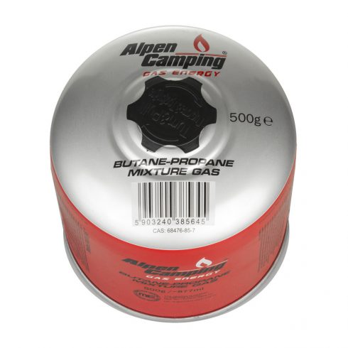 500g Alpen Camping plinska patrona. Certifikat: Pi 0437, prema EN417, propan-butan, između -10°C i + 40°C, navojni ventil 7/