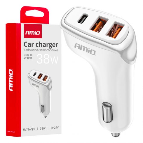 Auto punjač 2x usb-a + usb-c 38w amio-03886