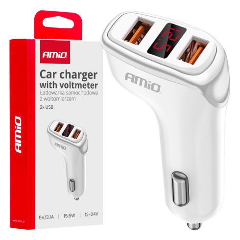 Auto punjač 2x USB-A + voltmetar 3.1a amio-03887