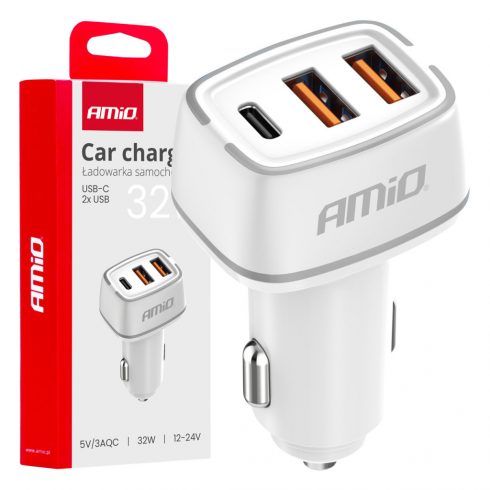 Auto punjač 2x usb-a + usb-c 32w amio-03890