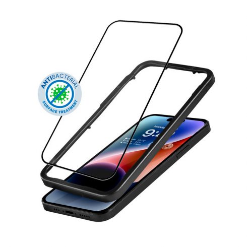 Crong Anti-Bacterial 3D Armor Glass - 9H kaljeno staklo za cijeli zaslon iPhone 14 Pro + instalacijski okvir