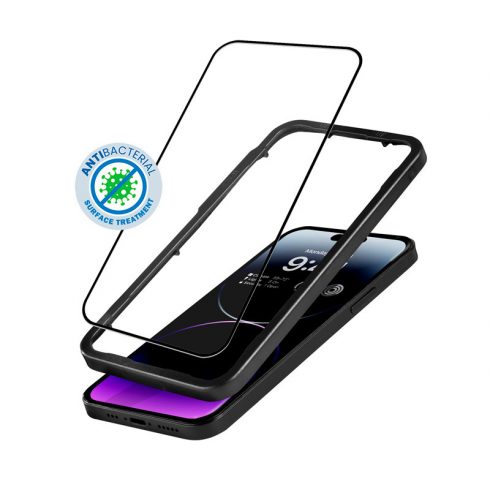 Crong Anti-Bacterial 3D Armor Glass - 9H kaljeno staklo za cijeli ekran iPhone 14 Pro Max + okvir za ugradnju