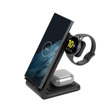   Crong PowerSpot Pivot Stand - 3-u-1 bežični punjač za Samsung & Android, Galaxy Watch i TWS slušalice (crni)