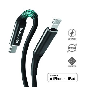   Crong Armor Link - USB-C na Lightning MFi pleteni kabel 150 cm (crni)