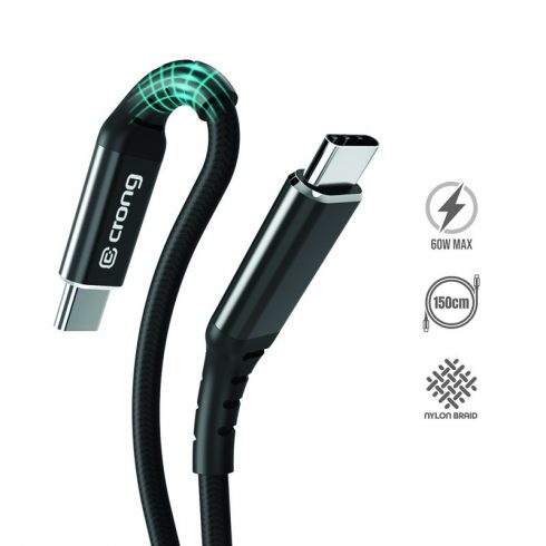 Crong Armor Link - USB-C na USB-C 60 W pleteni kabel za napajanje, brzo punjenje 150 cm (crni)