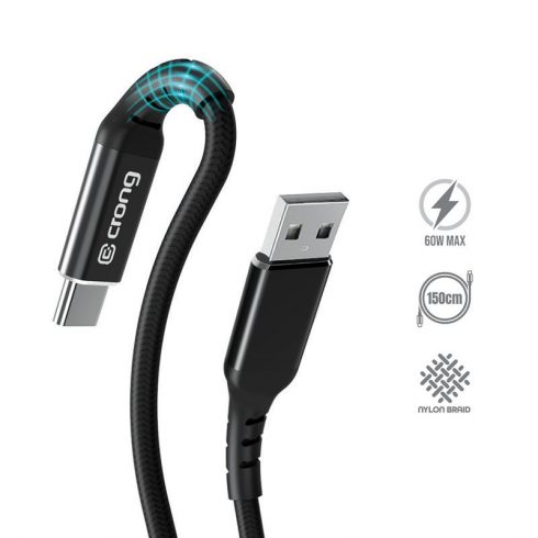 Crong Armor Link - USB-C na USB-A 60 W pleteni kabel za napajanje, brzo punjenje 150 cm (crni)