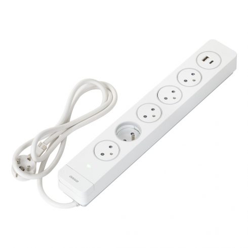 Zaštita od prenapona, 5 2P+Z EasyEject utičnica, kabel 1,5 m (3x1,5 mm2), sa osvijetljenim prekidačem i 2 brza USB A + C punjača