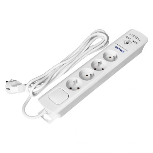 Prenaponska zaštita, 4 2P+Z utičnice, kabel 3x1.0mm2, 3m, sa svjetlećim dvokrakim prekidačem. 10A/230 VAC, tip 3 zaštita od prenapona, 2xUSB 2.1A punjač, bijeli