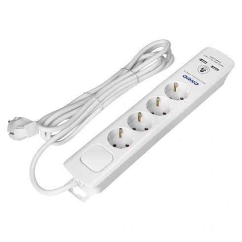 Prenaponska zaštita, 4 2P+Z utičnice (Schuko), kabel 3x1.0mm2, 3m, sa svjetlećim dvokrakim prekidačem. 16A/230 VAC, tip 3 zaštita od prenapona, 2xUSB 2.1A punjač, bijeli