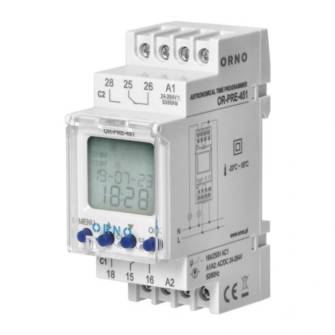 Elektronski astronomski i vremenski programator, 100 programa, 3 jezika izbornika, 2 relejna izlaza max 16A/230V, širina 2 modula, DIN TH-35mm