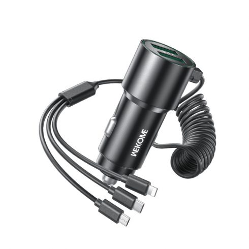 WEKOME WP-C44 Pop Digital Series - Auto punjač s integriranim 3-u-1 USB-C / Lightning / Micro USB + 2x USB-A 33W kabel (crni)