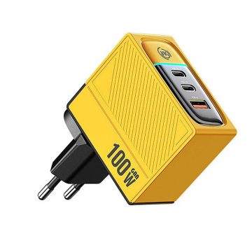   WEKOME WP-U155 serija boja - 2x USB-C & USB-A super brzi punjač GaN 100 W (žuti)