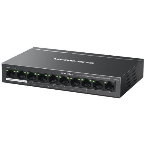 TP-Link Mercusys MS110P Switch 10-port, 8x 10/100 Mbps PoE+, 2x LAN, 802.3af/at, 65 W