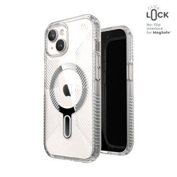   Speck Presidio Perfect-Clear Grip ClickLock & MagSafe - Futrola za iPhone 15 / iPhone 14 / iPhone 13 (prozirna / kromirana završna obrada / Serene srebrna)