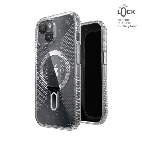 Speck Presidio Lux Grip ClickLock & Magsafe - torbica za iPhone 15 / iPhone 14 / iPhone 13 (prozirno / platinijsko svjetlucavo / kromirana završna obrada / Serene srebrna)