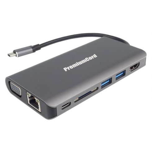 PremiumCord adapter USB3.1 tip C na HDMI+VGA/ RJ45/ 2xUSB3.0/ SD/ 3,5 mm/ PD punjenje