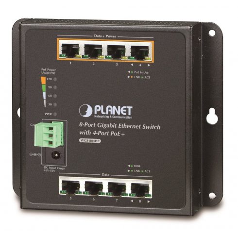 Planet industrijski ravni prekidač 8x 1Gb, 4xPoE 30/120W, dual 48-56VDC, IP30, -40/75st, bez ventilatora