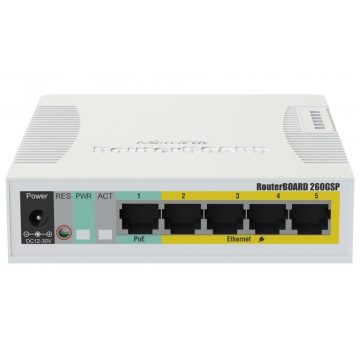   MikroTik upravljani prekidač RB260GSP, 5x GbE PoE/PoE+, SFP, SwOS, PSU (PoE budžet 55W)